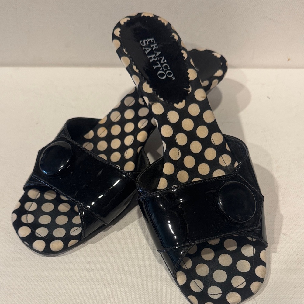 Franco Sarto Black and Cream Polka Dot Slides